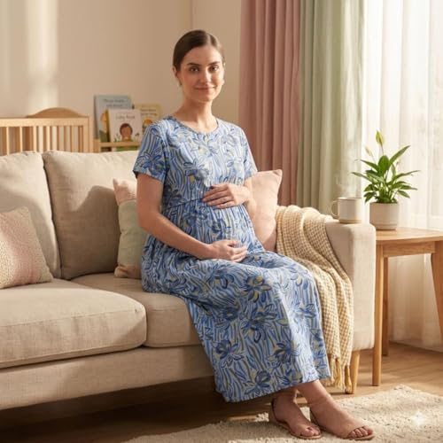 Image of Zero Clothing Feeding Dress for New Moms Casual Loungewear Ankle Length | Cotton Maternity Nighty | Zipless Feeding Dresses for Women | Pregnancy & Nursing Wear