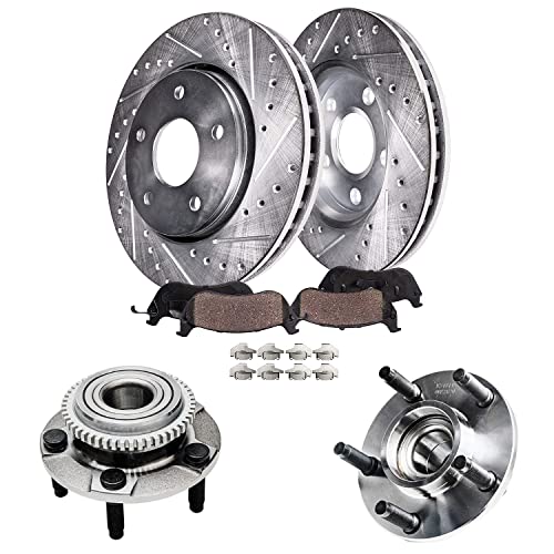Image of Detroit Axle - Front Brake Kit for 1999-2004 Ford Mustang Base GT | Drilled & Slotted Brake Rotors and Ceramic Brake Pads Wheel Bearing Hubs 2000 2001 2002 2003 Replacement