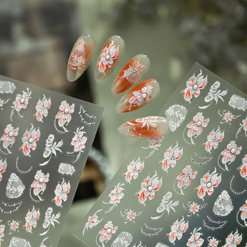 Image of Flower Nail Stickers White Floral Nail Art Stickers with Pearl Design 5D Embossed Self Adhesive Nails Decals Charms for Women Manicure Decoration Acessories 1 Sheets