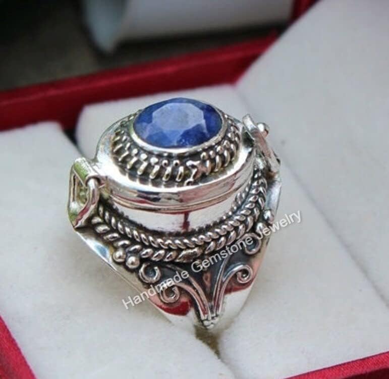 Sapphire Poison Box Ring, Raw Sapphire Ring, Vintage Poison Ring, Secret Stash Ring, Pillbox Ring, Oval Stone Ring, Blue Gemstone Ring, Small Box Ring, Boho Ring, Secret Ring, Handmade Poison Ring