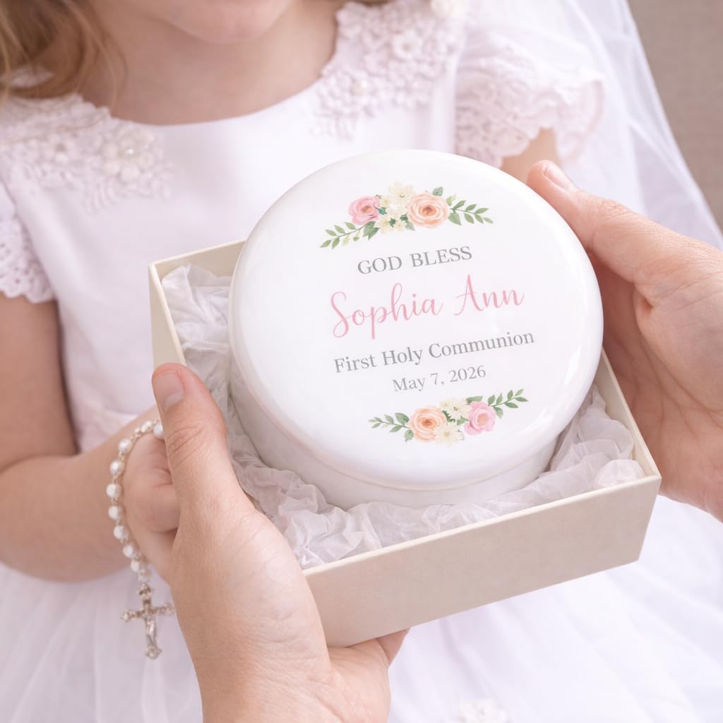 Personalization Universe Pink Porcelain Personalized Floral First Communion Jewelry Box - Customizable with Name, Date & Message, Rosary and Trinket Storage, 3.25" Diameter, Girls 1st Communion Gift