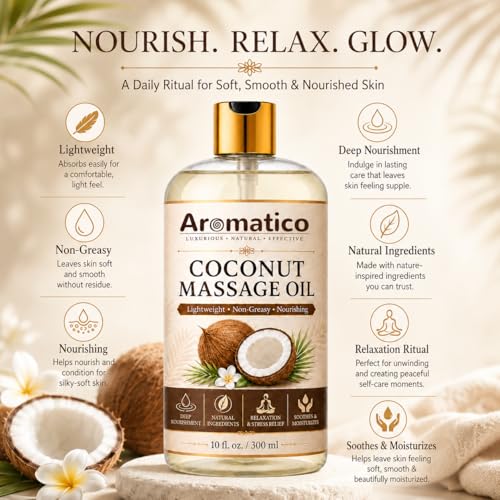 Image of AROMATICO Coconut Massage Oil for Body Massage, Lightweight Moisturizing Body Oil, Spa Massage Oil for Dry Skin, Relaxing Routine and Daily Body Care - 300ml
