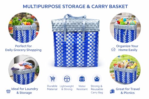 Image of Hand Made Multipurpose Plastic Basket with Lid | Eco-Friendly, Washable, Rust-Free Storage Basket for Kitchen, Picnic, Toys, Travel, Office | Lightweight basket (Blue with Grey, Small)