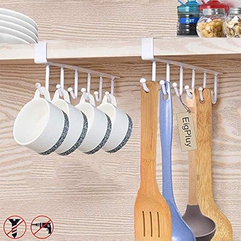 EigPluy 2pcs Mug Hooks Under Shelf Mug Holder Cups Storage Rack Drilling Free Coffee Cups Holder Kitchen Utensil Holder Key Hooks Ties Belts Scarf Hanging Hooks Rack,Fit for The Cabinet 0.8" or Less Cover