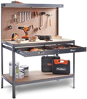 VonHaus Garage Work Bench with Pegboard - Metal and Wooden Workbenches - Suitable for Most Garage Equipment - Garage Workbench Containing - Storage Drawer, Shelf and 20 Hooks - 230kg Capacity