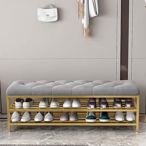 Image of Metal Shoe Rack Bench Organizer with Mesh Seat for Bedroom Entry Window Mudroom Living Room, 2-Tier Fleece Bench Bench for Entryway (Grey1)