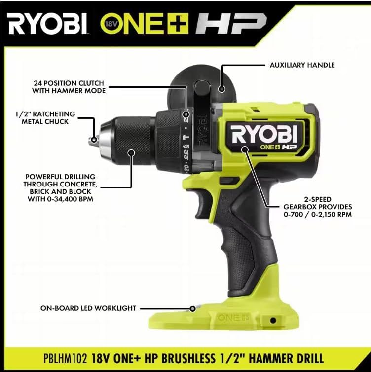 RYOBI ONE+ HP 18V Brushless Cordless 1/2 in. Hammer Drill (Tool Only) (Renewed)