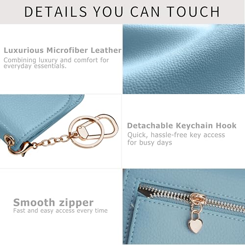 Image of Women Small Wallet RFID Blocking Slim Wallet with Coin Pocket Tri-Fold Credit Card Holder with ID Window and Keychain (Blue)