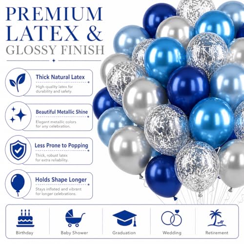 Image of Blue and Silver Balloons, 50PCS 12 Inch Metallic Blue Silver Balloons Dark Navy Confetti Party Latex Balloon Baby Blue Mixed Balloon for Birthday Graduation Shower Wedding Retirement