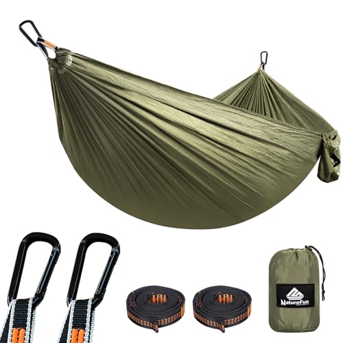 NATUREFUN Ultra-Light Travel Camping Hammock | 300kg Load Capacity,(275 x 140 cm) Breathable,Quick-drying Parachute Nylon | 2 x Premium Carabiners,2 x Nylon Slings Included | Outdoor Indoor Garden