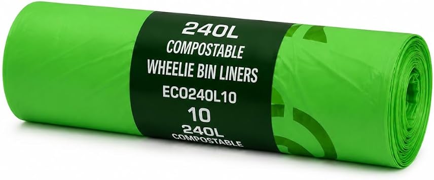 Eco360 Wheelie Bin Liners 240L Compostable Green Extra Strong Leak Resistant Wheelie Bin Bags 1125x1400mm Eco-Friendly Large Refuse Liners 10 on a Roll |1 Roll