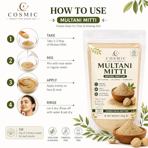 Image of Cosmic Multani Mitti Natural Face Clay Powder, 250g, Oil Control, Deep Cleansing, Acne Care, Skin Brightening, Suitable for All Skin Types