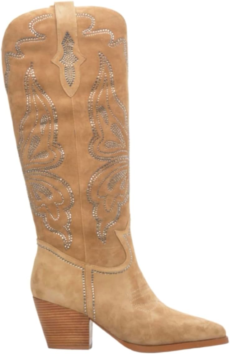 Women Rhinestone Knee High Western Boots Suede Chunky Stacked Heel Pointed Toe Mid Calf Cowboy Boots Embroidered Side Zipper Wide Calf Tall Riding Boots Sparkle Wedding Party Retro 4-11 M US