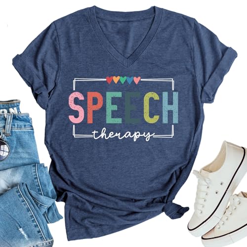 Speech Therapy Shirt Women Speech Language Pathologist Tshirt SLP T Shirt Autism Awareness T-Shirt Tops (US, Alpha, Medium, Regular, Regular, Blue)