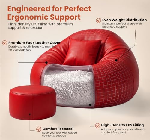 Image of Sattva Classic 2XL Sofa Style Bean Bag Chair with Beans Filled | Faux Leather Bin Bags Sofa Set with Footstool & Cushion for Adults | Beam Bag, Large Beanbags for Home & Office - Red