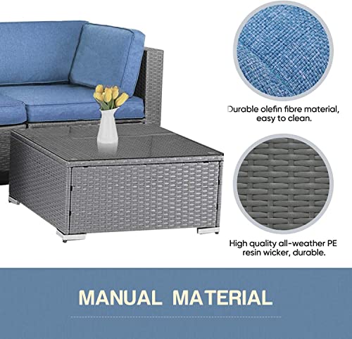 Solaura 5-Piece Patio Furniture Set,Outdoor All-Weather Pe Rattan Sectional Sofas Grey Wicker Conversation Set With Cushion And Glass Table- Denim Blue #TOP4