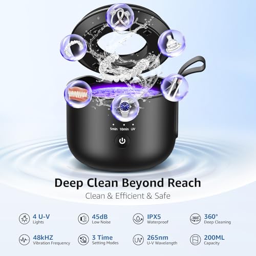 Image of Ultrasonic Retainer Cleaner Machine: 48kHz Rechargeable Cordless Denture Cleaner - Waterproof Ultrasonic Jewelry Cleaner - 200ML Dental Cleaning Pod for Mouth Guard, Aligner