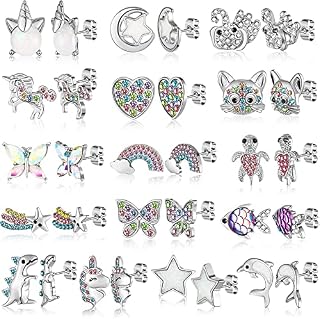 16 Pairs Cute Hypoallergenic Stud Earrings Stainless Steel Screwback Rhinestone Piercing Earrings Studs Crystal Unicorn Cat Earring Sets for Girls Women Teens with Butterfly Backs