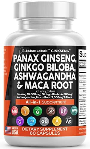 Panax Ginseng 10000mg Ginkgo Biloba 4000mg Ashwagandha Maca Root 3000mg - Focus Supplement Pills for Women and Men with Pine Bark Extract, Garlic, and Saw Palmetto - Made in USA 60 Caps