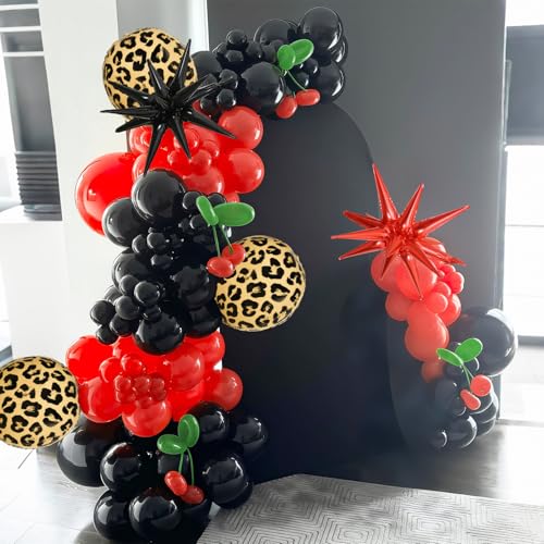 Image of Red Black Balloons Garland Arch Kit, 133pcs Green Cherry Black Red Explosion Star Foil Balloons, 4D Cheetah Print Mylar Balloons for Berry Themed Birthday Baby Shower Bachelorette Party Decorations