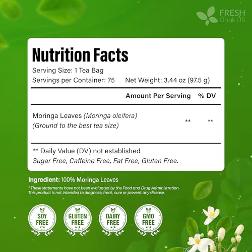 Image of FreshDrinkUS, Premium 75 Moringa Tea Bags, 100% Natural & Pure, Herbal Tea, Made with Natural Materials-Corn Fiber Tea Bags, Sugar /Gluten Free. Rich in Antioxidants and Vitamins.