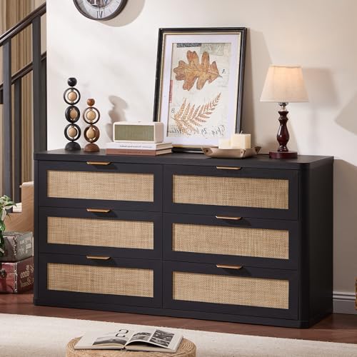 LEYAOYAO Rattan 6 Drawer Dresser for Bedroom, Boho 54" Wide