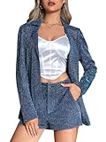 MakeMeChic Women's Glitter 2 Piece Outfits Long Sleeve Single Button Sparkly Blazer and Pockets Shorts Set Blue M