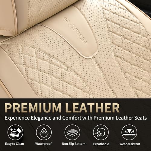 Image of FLORICH Front Seat Covers, Leather Car Seat Covers Luxury Automotive Seat Covers Waterproof Car Seat Protectors Universal Fit for Most Cars SUV Trucks Vehicles, Beige