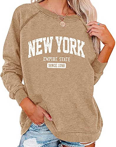 Vdnerjg Womens New York Letter Print Sweatshirt Crewneck Long Sleeve Casual Loose Fit Pullover Shirts Khaki
