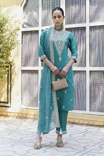 Image of VredeVogel Women's Silk Blend Embroidered Kurta with Pant & Organza Dupatta Set