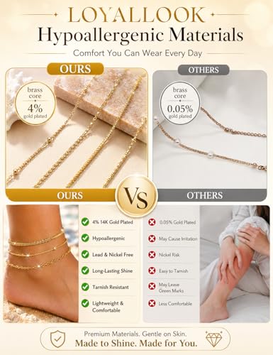 Image of LOYALLOOK Ankle Bracelets for Women Waterproof, 14K Gold Plated Cuban Figaro Link Chain Beaded Anklets Set, Dainty Layered Anklets for Women Non Tarnish Summer Beach Foot Jewelry Adjustable Size