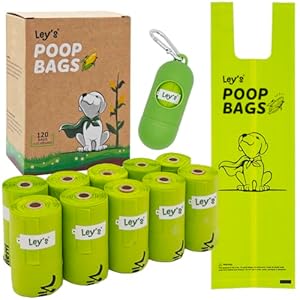 Ley’s Compostable Dog Poop Bags, Plant-Based Biodegradable Doggie Waste Bags with Easy Tie Handles, Unscented, Vegetable-Based, Dog Bags Refill Rolls with Dispenser and Leash Clip