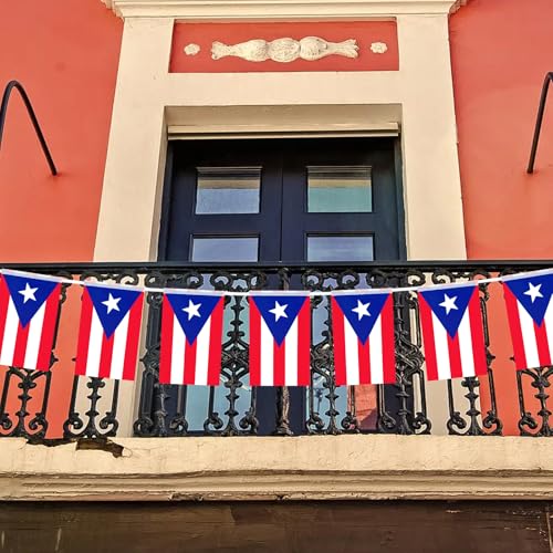 Image of 32.8 ft Puerto Rico Flag Banner, 30 Pcs Mini String Flags, Red White Blue Bunting for Puerto Rican Day Parade, Festivals, Home, Garden, and Outdoor Decorations