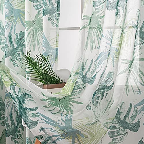 VISIONTEX Sheer Curtains Printed, Decor Hawaiian Style Green Tropical Palm Leaves Plant Pattern Faux...