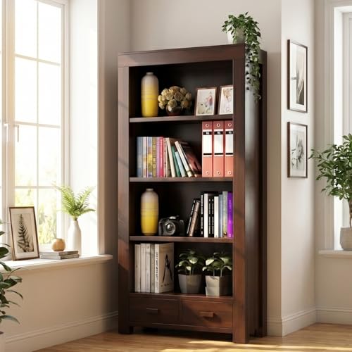 Image of Solid Wood Book Shelf with Racks Storage| Library Bookshelf | Wooden Book Cabinet Office & Home Living Room| Bookcases Furniture
