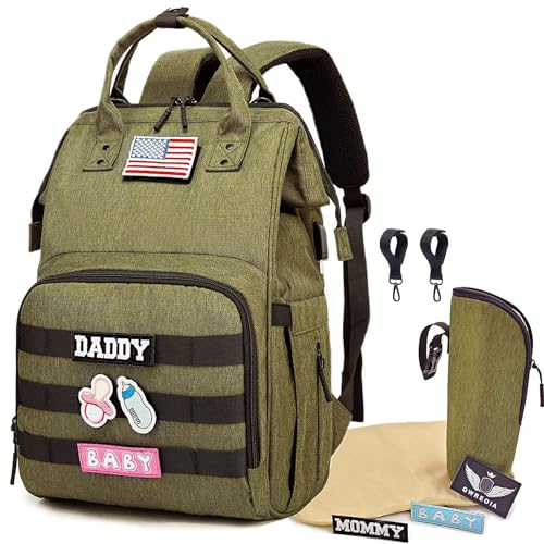 Image of QWREOIA Diaper Bag Backpack for Dad and Mom with USB Charging Port Stroller Straps and Insulated Pocket,army military Travel Nappy Backpack for daddy mommy (Green)