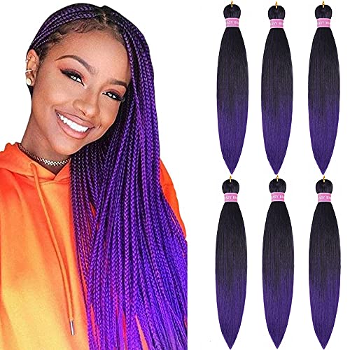 ZERAL Ombre Pre Stretched Braiding Hair 6 Packs 28 Inch Long Braiding Hair Professional No itch Synthetic Braiding Crochet Twist Braids Yaki Straigh Textur (1B/Purple)