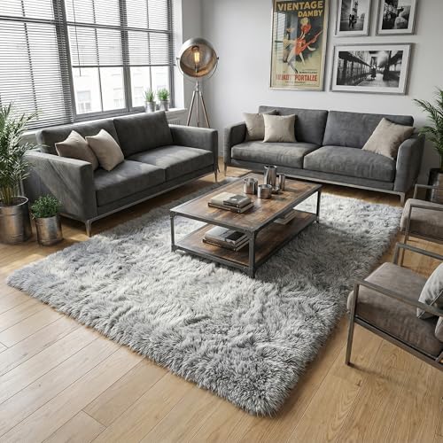 Merelax Soft Modern Indoor Large Shaggy Rug for Livingroom Bedroom Dorm Kids Room Home Decorative, Non-Slip Plush Fluffy Furry Fur Area Rugs Comfy Nursery Accent Floor Carpet 6x9 Feet, Grey