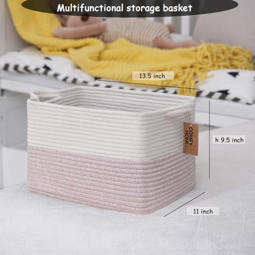 Image of COMFY-HOMI 3PACK Cotton Rope Square baske with Handles for Shelves|Dog Toy baske Bin and Storage|Baby baske for Gift|Shoe baske for Organizing|13.5 inch x 11 inch x 9.5 inch for Living Room(White /Pink)