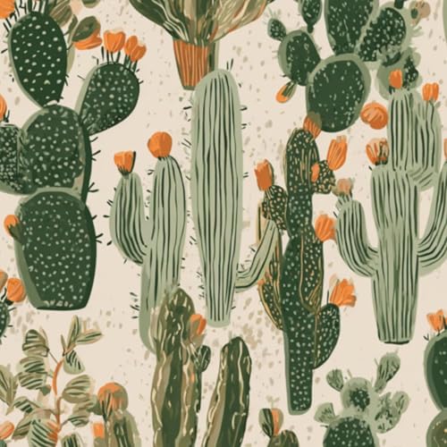 壁紙 45cm x 300cm 剥がせる オレンジの花が咲いた砂漠のサボテンと多肉植物の模様 多機能 防水/汚れ防止/防油 食器棚 クロ 玄関 ふすま紙 家具 部屋 DIY 賃貸OK