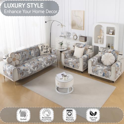 Image of HOKIPO Reversible Quilted Sofa Cover 5 Seater Set, Washable 3+1+1 Sofa Cover, Easy Drape Series, Urban Floral (IN-1101 + IN-1099 * 2-ED4)