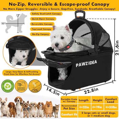 Image of PAWZIDEA 4-in-1 Pet Stroller for Small Medium Dogs & Cats, Foldable Dog Stroller with Detachable Carrier, Escape-Proof No-Zip Canopy, Lightweight Portable Travel Crate & Car Seat Combo, Storage Basket