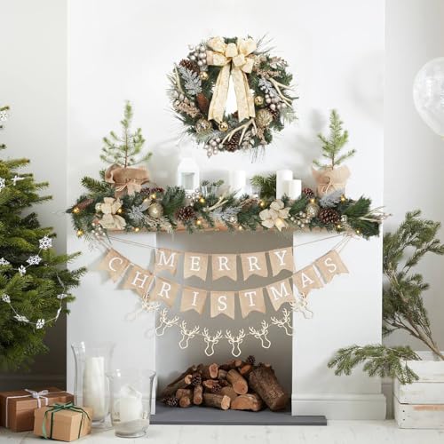 GarveeHome Christmas Garland with Lights for Mantle 6ft, Lighted Outdoor Xmas Garland with 20 Battery Operated LED Gold Balls Pine Cones Antlers for Fireplace Front Door Stair Railing Window Decor