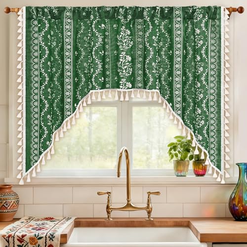 Image of Yinhua Boho Swag Valance Curtains Vintage Linen Valances for Windows Light Filtering Floral Kitchen Valance Rod Pocket Rustic Tassel Window Valances for Bathroom Cafe, 60 inch W x 36 inch L, Olive Green