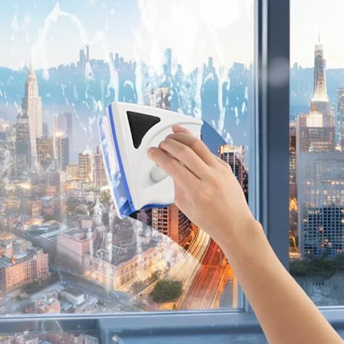 Magnetic Window Cleaner for Single Glazed Windows, Double Sided Window Cleaning Tool with Strong Magnet, Ergonomic Grip, Safety Cord and Built-in Water Storage Brush