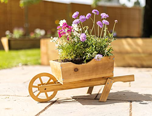 Garden Mile Wooden Ornametnal Garden Plant Flower Wheelbarrow Planter Large Garden Ornament Outdoor Decoration Planting Pot Patio Decor Heavy Duty Natural Wood Decorative Planter