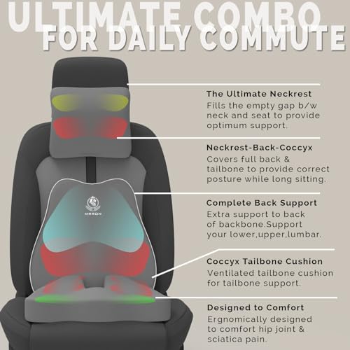 Image of MRRON Memory Foam Posture Corrector Car Seat Cushions Combo | Orthopedic Backrest, Coccyx Cushion & Neckrest | Ergonomic Lumbar Comfort Seat Cushion | Reduces Sciatica, (Grey, Slim backrest)