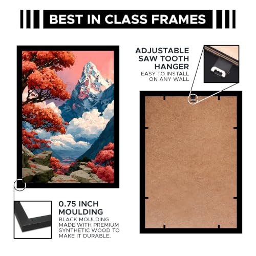 Image of Japanese Mountain Landscape Premium Framed Wall Poster (12x18 Inch) | Red Maple Tree & Snowy Mountain Wall Art | Asian Nature Decor for Bedroom, Living Room, Office & Zen Space