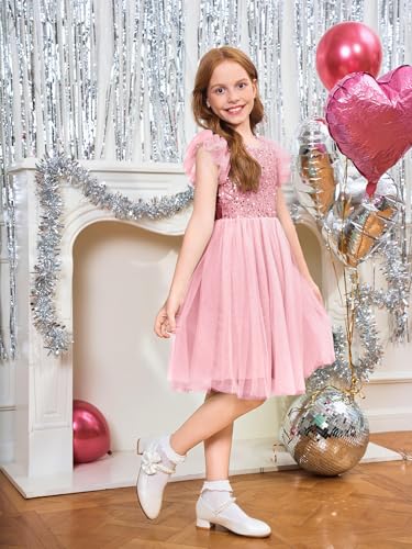 Girls Sequin Tutu Dress Kids Sparkly Flutter Sleeve Party Tulle Dresses 5-14 Years3