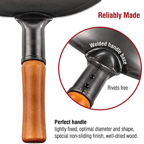 Yosukata Carbon Steel Wok Pan – 13,5 “ Woks And Stir Fry Pans - Chinese Wok With Flat Bottom Pow Wok - Traditional Chinese Japanese Woks - Black Steel Wok #TOP2